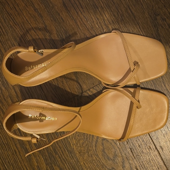 Reformation Gigi Strappy Mid Heeled Sandals, Color Buff, Retail Price $278.00US